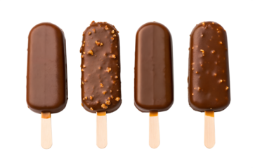 Four chocolate-covered ice pops with sprinkles isolated on transparent background