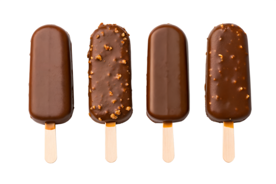 Four chocolate-covered ice pops with sprinkles isolated on transparent background