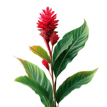 Fototapeta Vibrant Red Ginger Flower with Lush Green Leaves
