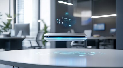 Futuristic levitating device projecting interface in a modern office space