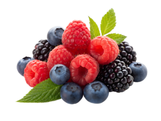 Mix of fresh raspberries, blueberries, and blackberries isolated on transparent background
