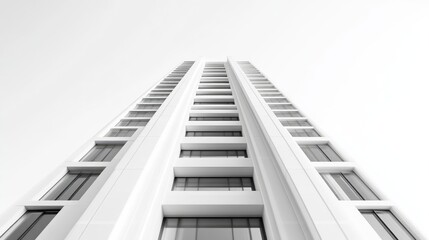 Obraz premium Modern Skyscraper Building Minimalist Style High Contrast, Low Angle View, Clean Lines, Reaching for Sky, Bright White Background, Serene Architectural Design, Ideal for Real Estate Marketing