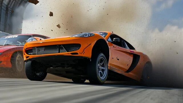 Orange race car performing extreme drifting maneuvers on racetrack