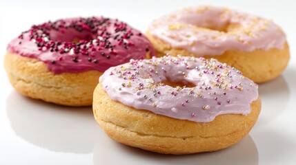 Close-up shot features three mini bagels adorned with vibrant glazes and sparkling edible glitter, arranged on a crisp white surface perfect for dessert lovers