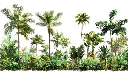 Set of tropical forest with diverse plants, vines, and palm trees on white background.