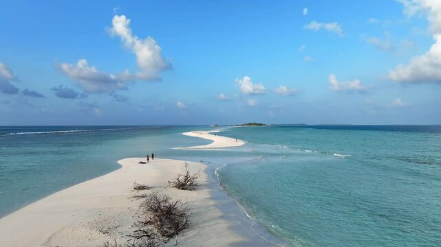 Aerial view with Tropical sandbar in maldives paradise and blue sea. Maldivian sandbank in Indian ocean