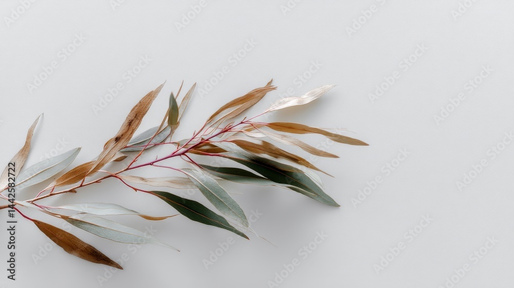 Poster a close-up view of a single willow branch showcases slender leaves against a white backdrop, offerin