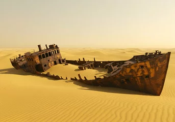 Selbstklebende Fototapeten Abandoned shipwreck in desert landscape surreal scene global warming climate change stranded vessel lost at sea © Nur