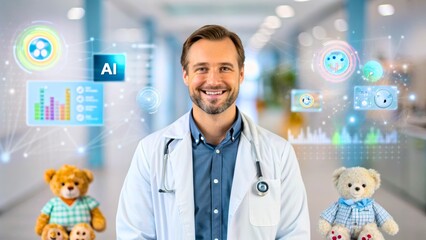 Doctor with AI Technology and Teddy Bears in Hospital Setting for Health and Care Solutions