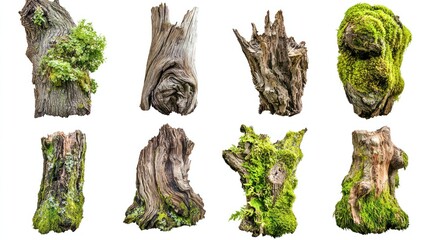 Set of twisted moss-covered old tree trunks isolated on white background.