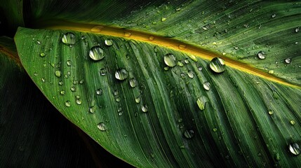 Lush banana plant leaf with water droplets showcasing vibrant green and strong veins