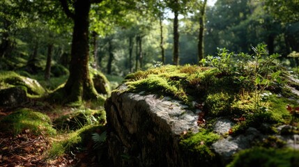 Green moss with natural colours in peaceful forest concept. Serene forest scene with sunlight filtering through.