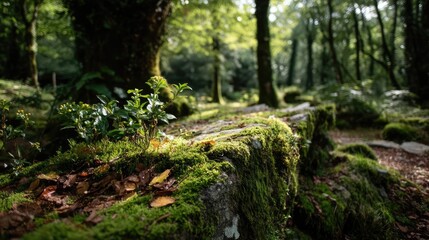 Fototapeta premium Green moss with natural colours in peaceful forest concept. Lush forest scene with moss-covered rocks.