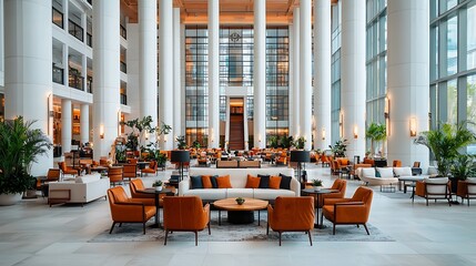 Luxurious hotel lobby with high ceilings, columns, and comfortable seating