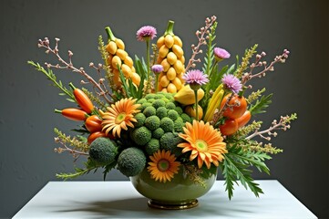 Naklejka premium Vibrant flower and vegetable arrangement in a ceramic bowl