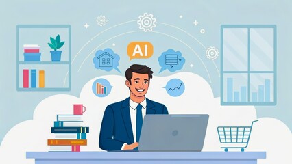 Businessman Using Laptop in Modern Office with AI and Graphs Illustrations