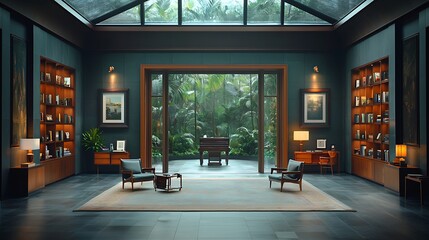 Luxurious indoor study with tropical garden view