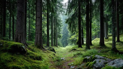 Fototapeta premium Green moss with relax mood in green forest concept. Serene forest path surrounded by tall trees.
