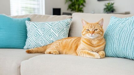 A cat is laying on a couch with pillows. The cat is orange and has a white stripe on its face