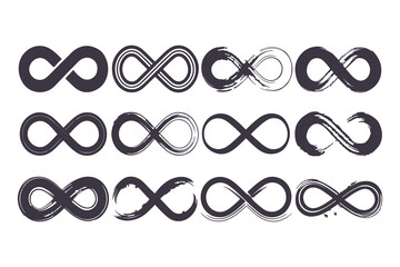 Infinity Symbols Vector Collection. Black Infinity Illustrations on White Background in Classic, Minimal, and Artistic Styles for Logos, Branding, and Math Concepts