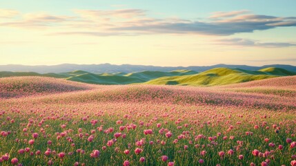 Fototapeta premium Panoramic perspective of towering green mountains transitioning into a vast open rose field under soft golden sunlight