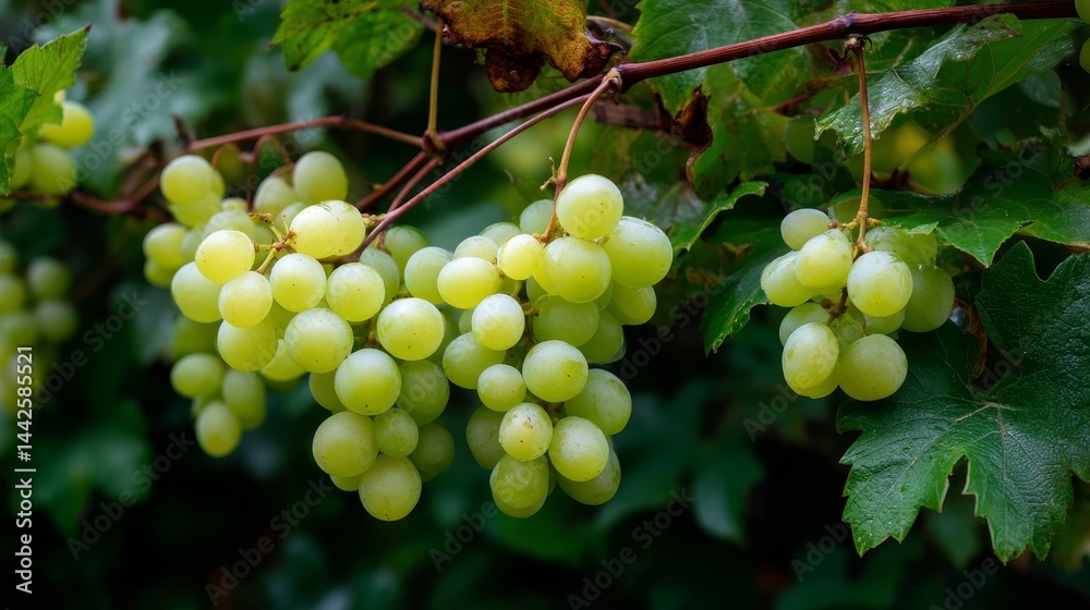 Poster plump green grapes hang abundantly from a healthy vine, surrounded by vibrant leaves, creating an in