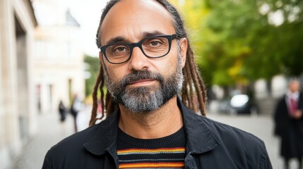 A man with dreadlocks and glasses is standing on a sidewalk. He is wearing a black jacket and a striped shirt