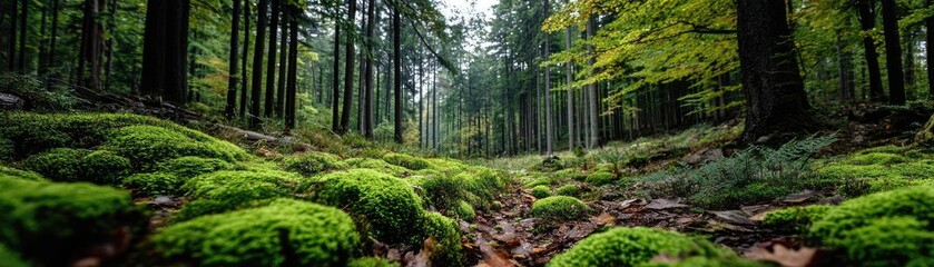 Obraz premium Green moss in natural forest with beautiful colours concept. Lush forest scene with vibrant moss and towering trees.