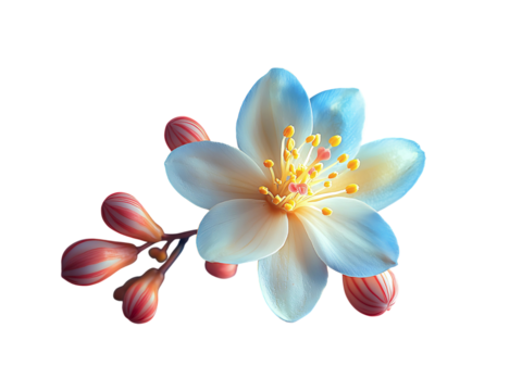 Closeup of a delicate, creamywhite flower with vibrant orange buds, artistically rendered against a deep blue backdrop.