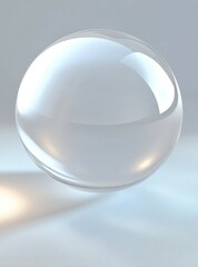 A clear glass sphere is casting a soft shadow on a surface