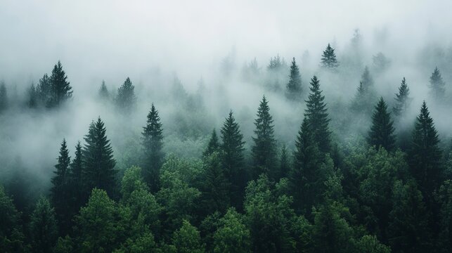 Misty green forest landscape with tall evergreen trees fog fir view calm dark deep lush pine wild