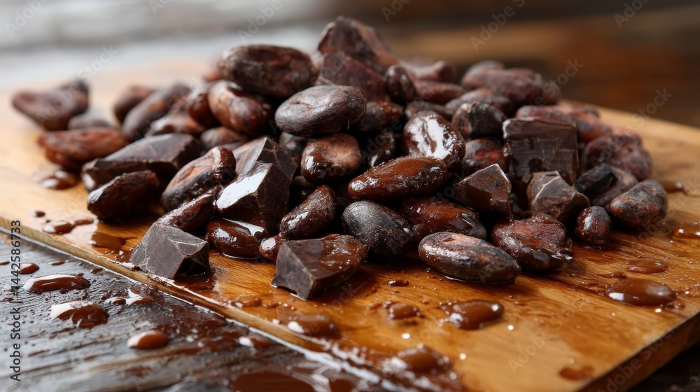 Poster cocoa beans tumble into a gleaming pool of melted chocolate, showcasing a luxurious culinary moment 