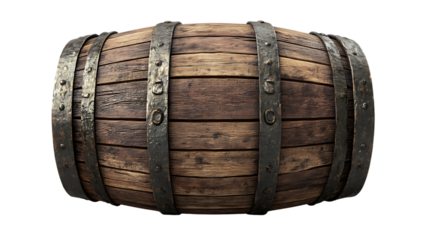 A rustic wooden barrel with metal bands.