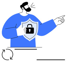 Bearded man holding a shield with lock, pointing to the right. Ideal for cybersecurity, privacy, trust, safety, data protection, technology secure solutions. Perfect for a simple landing page