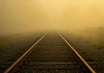 Obraz premium Misty Railway Tracks Vanishing into Golden Fog Ethereal Journey into the Unknown Golden Hour Haze on the Rails