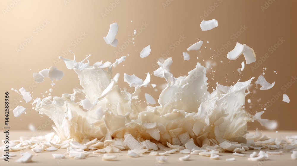 Poster a dynamic splash of coconut milk with scattered coconut flakes is captured mid-air, creating a vibra