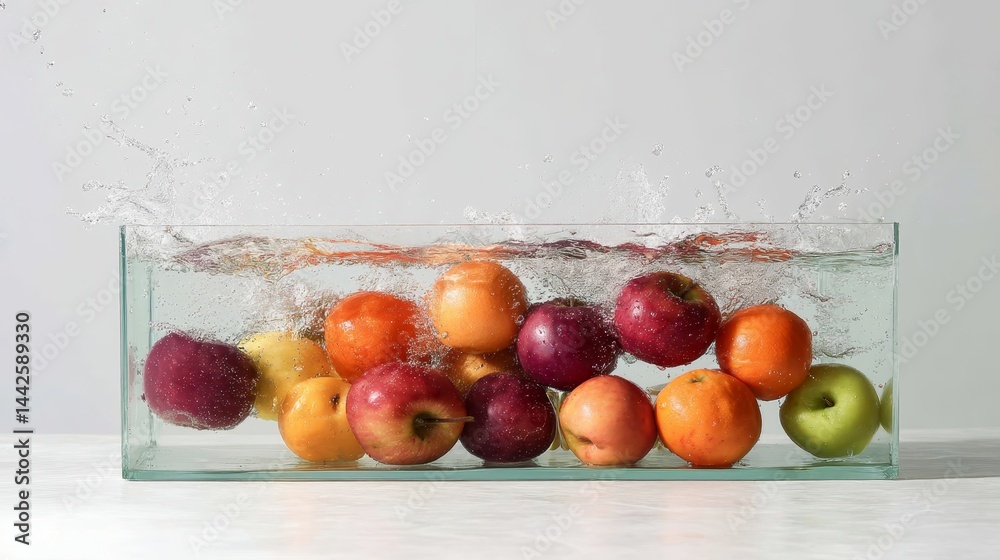 Poster Mixed fruits including apples and oranges splash dramatically into clear water, creating dynamic droplets and waves, isolated on a pure white background