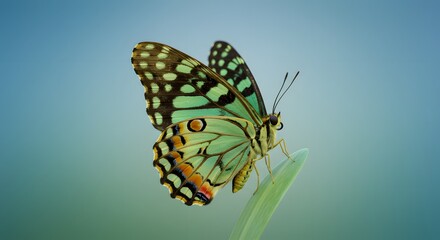 Obraz premium Green Butterfly on Leaf Close Up