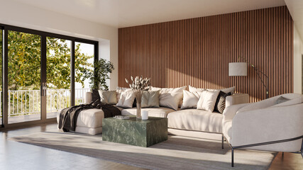 Large luxury modern bright interiors Living room mockup illustration 3D rendering image
