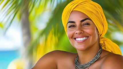 A woman wearing a yellow scarf and necklace. She is smiling