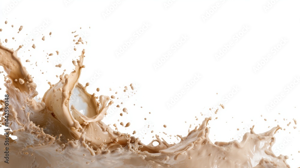 Poster creamy liquid splashes dramatically into the air, showcasing smooth curves and elegance against a wh