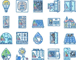 energy efficient technology green icons hand drawn
