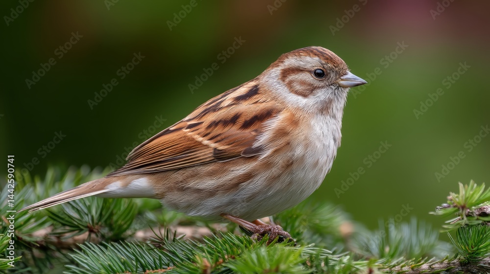 Poster a small songbird perches delicately on a thin branch, surrounded by soft green foliage in a serene o