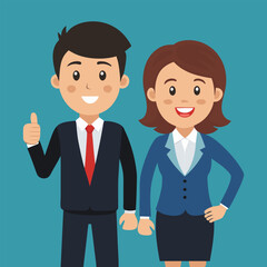 Successful business people, Flat vector cartoon of a cheerful young man and woman in professional attire, both giving a thumbs-up gesture