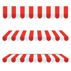 Red and white awning striped canopy for decorating a banner isolated on a white background. Vector illustration flat design for poster.