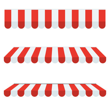 Red and white awning striped canopy for decorating a banner isolated on a white background. Vector illustration flat design for poster.