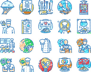 restaurant chef cooking food icons hand drawn