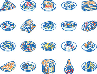 italian cuisine food pasta icons hand drawn
