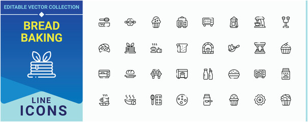 Bread Baking simple icon set. Featuring restaurant, utensil, kitchen, boil and more. Baking icon set. Minimalist icons pack. Editable stroke. Vector collection.