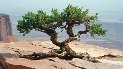 Ancient Juniper Tree on Clifftop Rock, Scenic Landscape